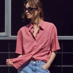 A3480 시스루 체크 반팔 셔츠_Pink