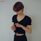 STRIPE JACQUARD CROP BLOUSE_BLACK