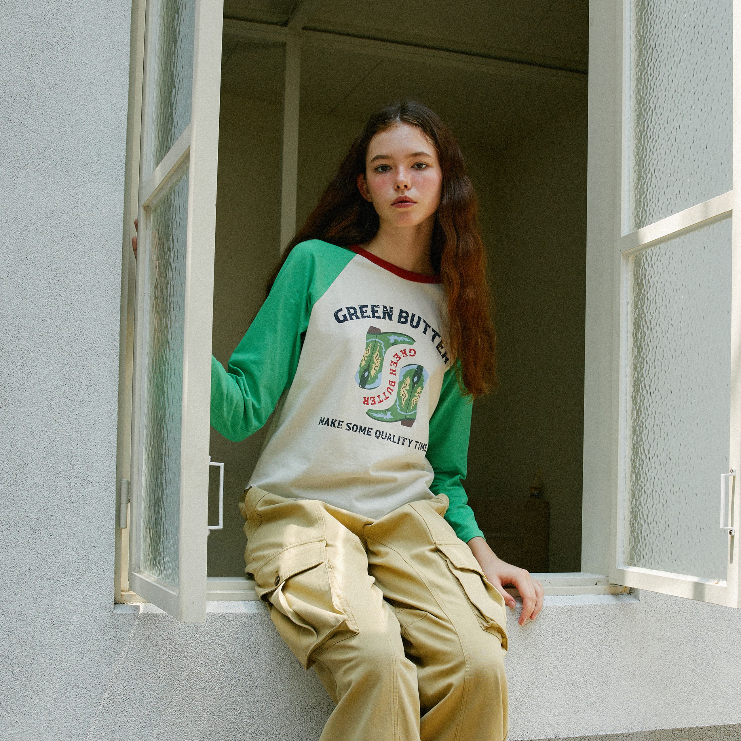 [GREEN BUTTER] Chain-Needlework Stripe Tee 4color★韓国発 Chain-Needlework Stripe Tee (Green) - 그린버터