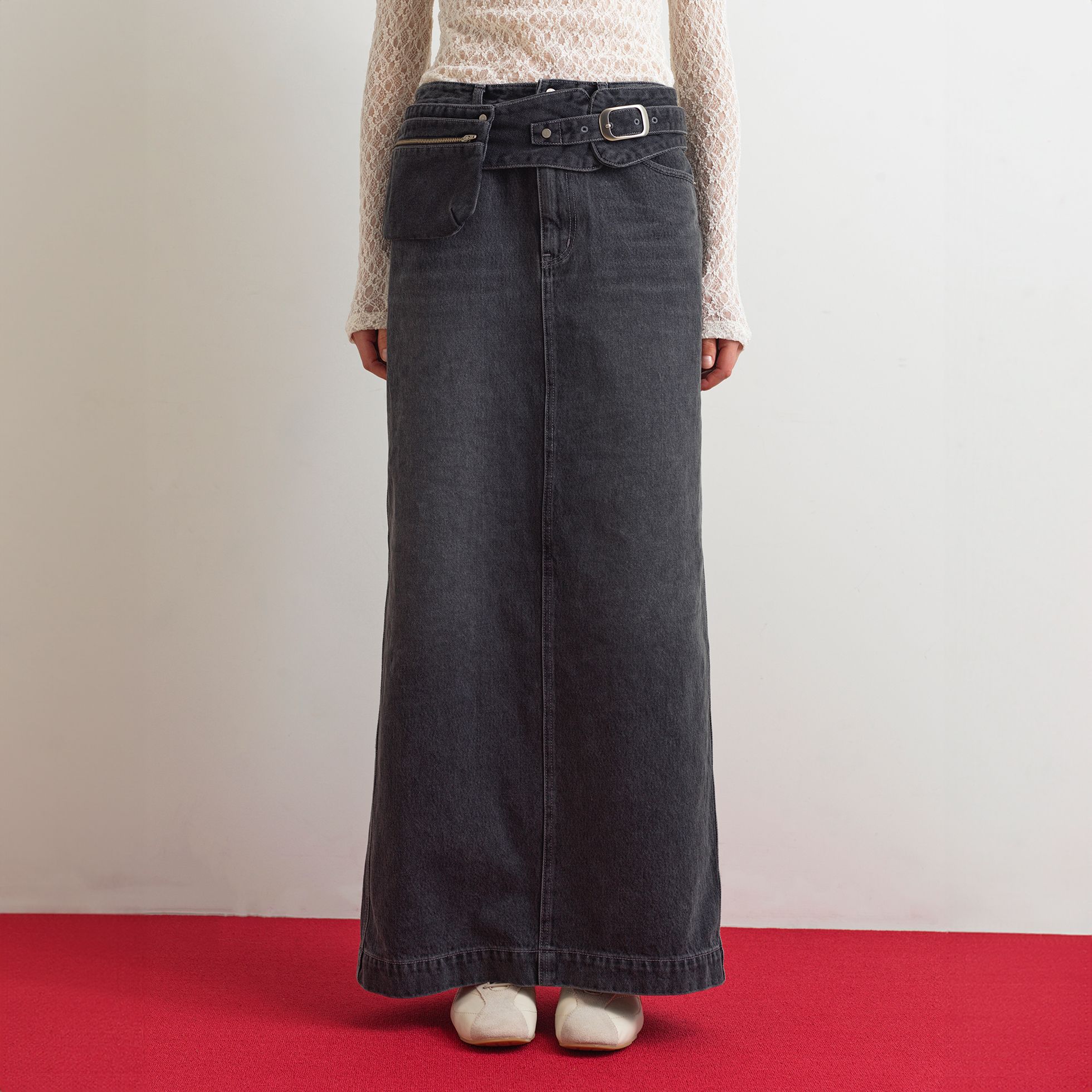 スカート Rynn Pocket Slit Denim Long Skirt BLACK Rynn Pocket Slit Denim Long Skirt BLACK - 감도 깊은 취향