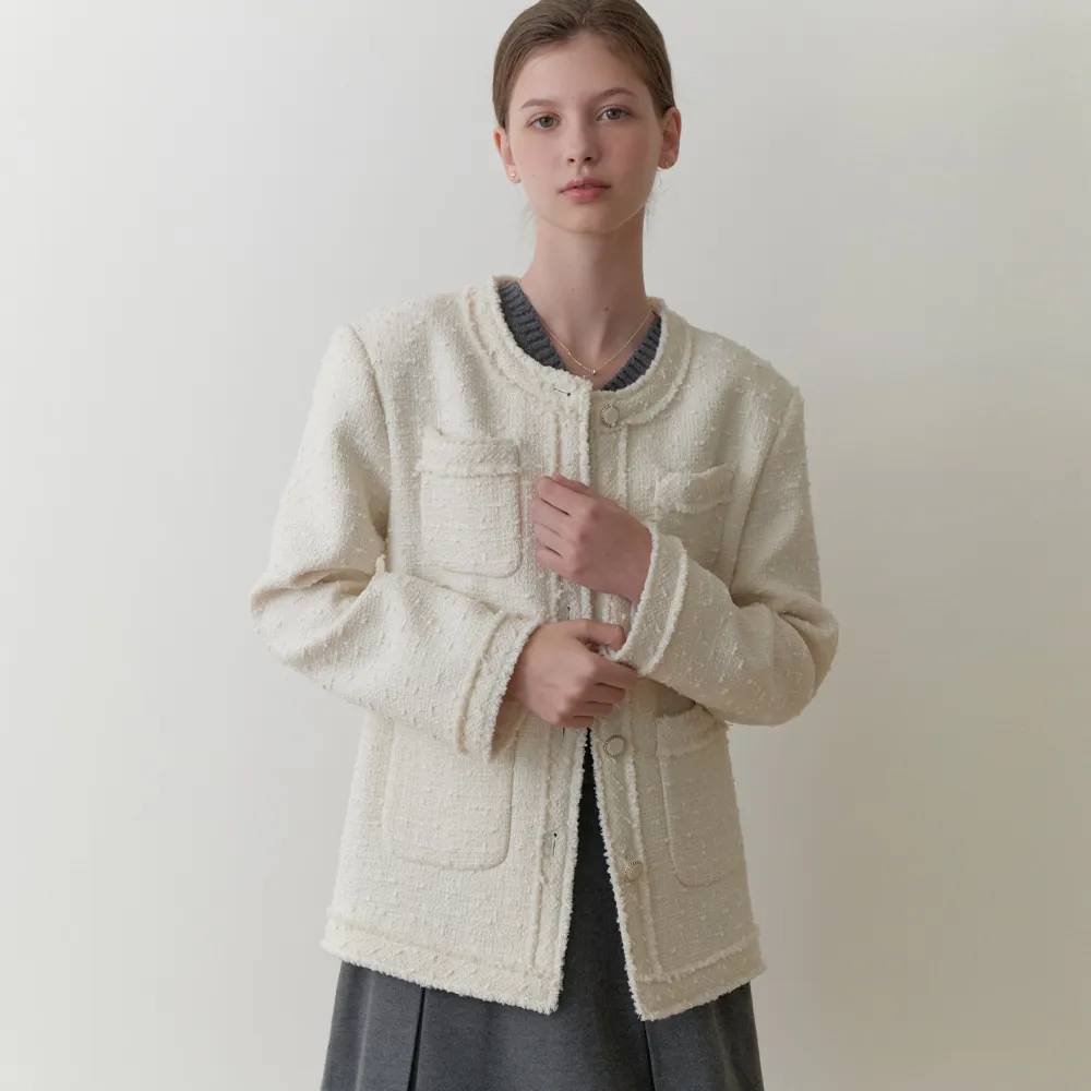 ジャケット LENINA WILMA woolen v neck tweed jacket_ivory tweed jacket WILMA Woolen V Neck Tweed Jacket - Ivory – Lenina US