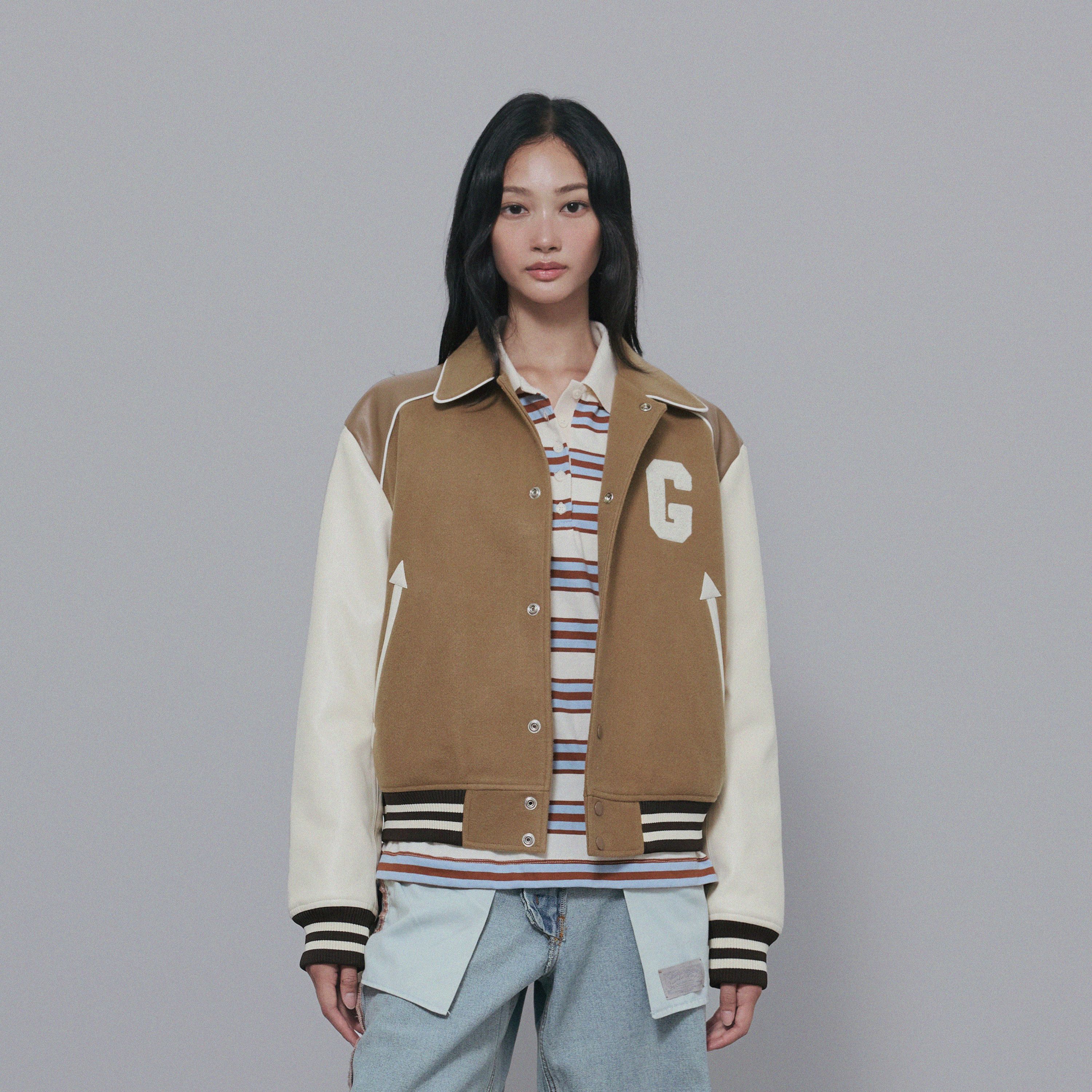 ZIGZAG EMBROIDERY VARSITY JACKET - BROWN - 감도 깊은 취향