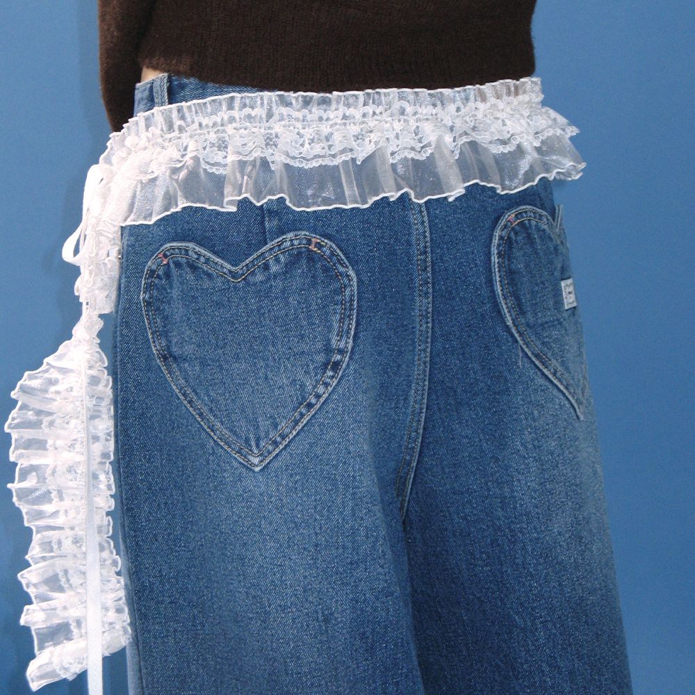 【DISCERNMENT】Bern Stitch Pocket Wide Denim BACK HEART STITCH POCKET DENIM PANTS MEDIUM BLUE - 감도 깊은