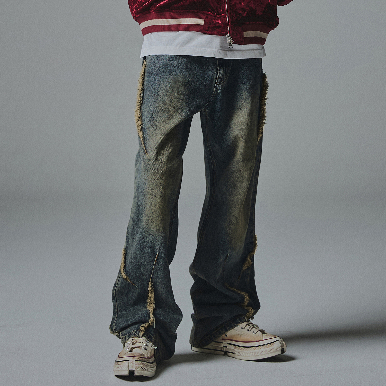 Camo Patch Work Layered Denim Pants - Deep Blue - 감도 깊은
