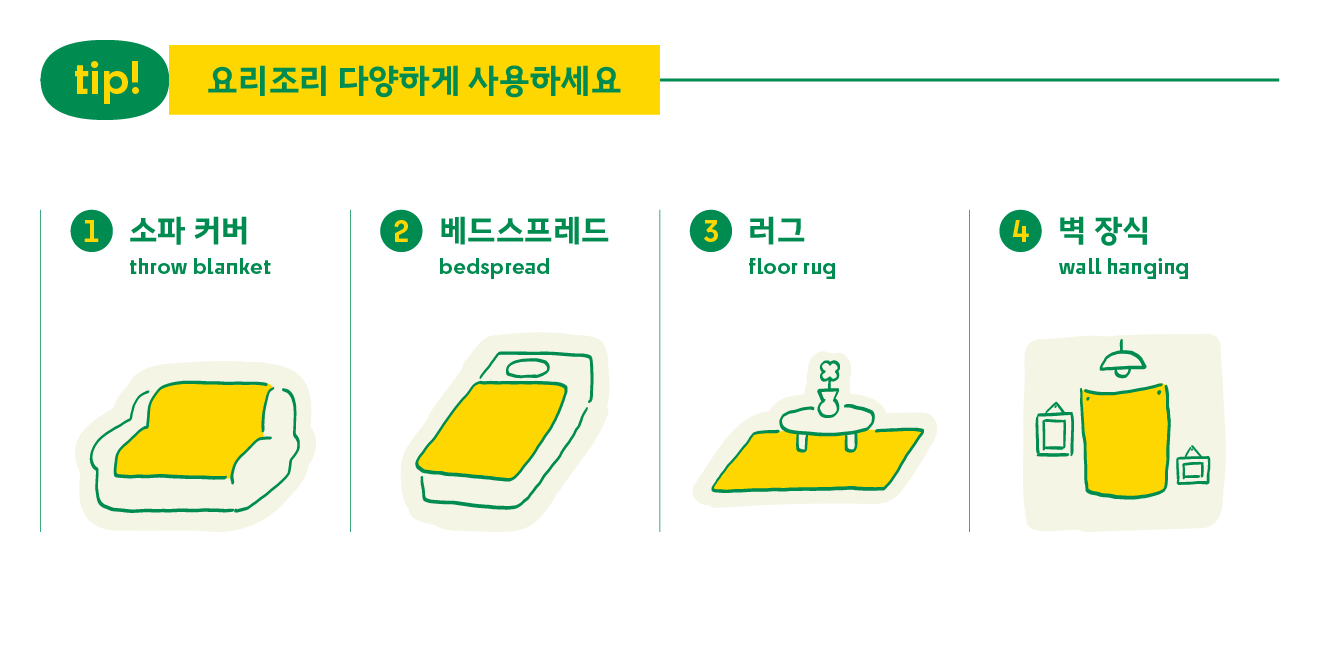 제목: 요리조리 다양하게 사용하세요. 내용: 활용 방법 예시 1. 소파 커버, 2. 베드스프레드, 3. 러그, 4.벽 장식