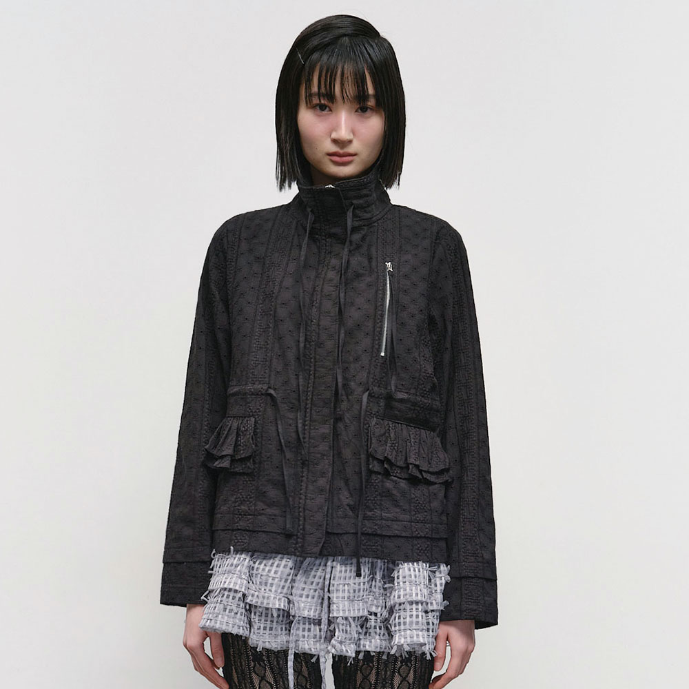 TYPESERVICE ♥ Striped Ruffled Strap Jacket/追跡付 Striped Ruffled Strap Jacket [Black] - 감도 깊은 취향 셀렉트