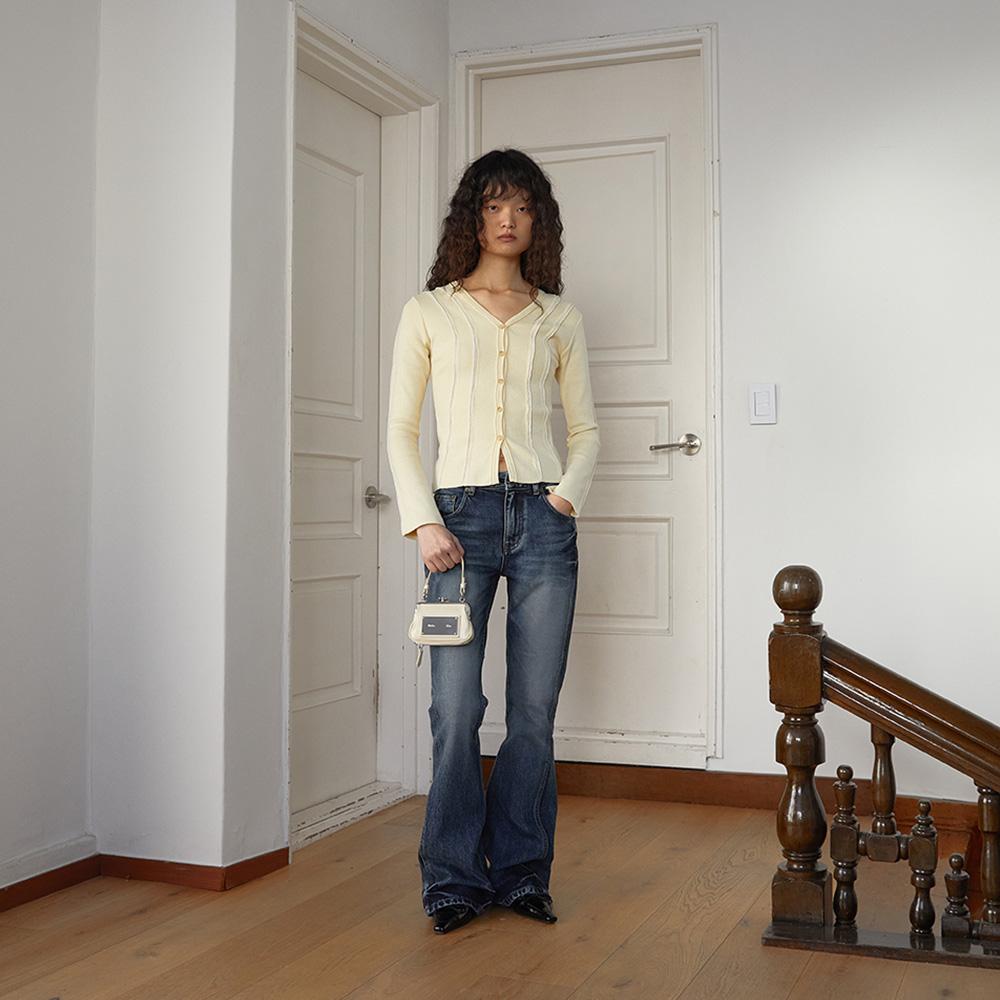 デニム・ジーパン [MATINKIM]washed stripe boots cut denim pants in blue WASHED STRIPE BOOTS CUT DENIM PANTS IN BLUE – Matin Kim