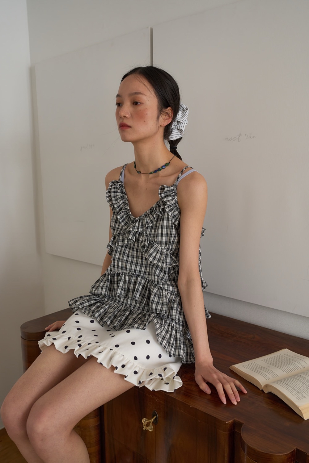 パンツ [OURSAALTY] Ann Check Frill Pants : Black check RoseSeek Women's Plaid Low Rise Checkered Bloomer Y2k Mini