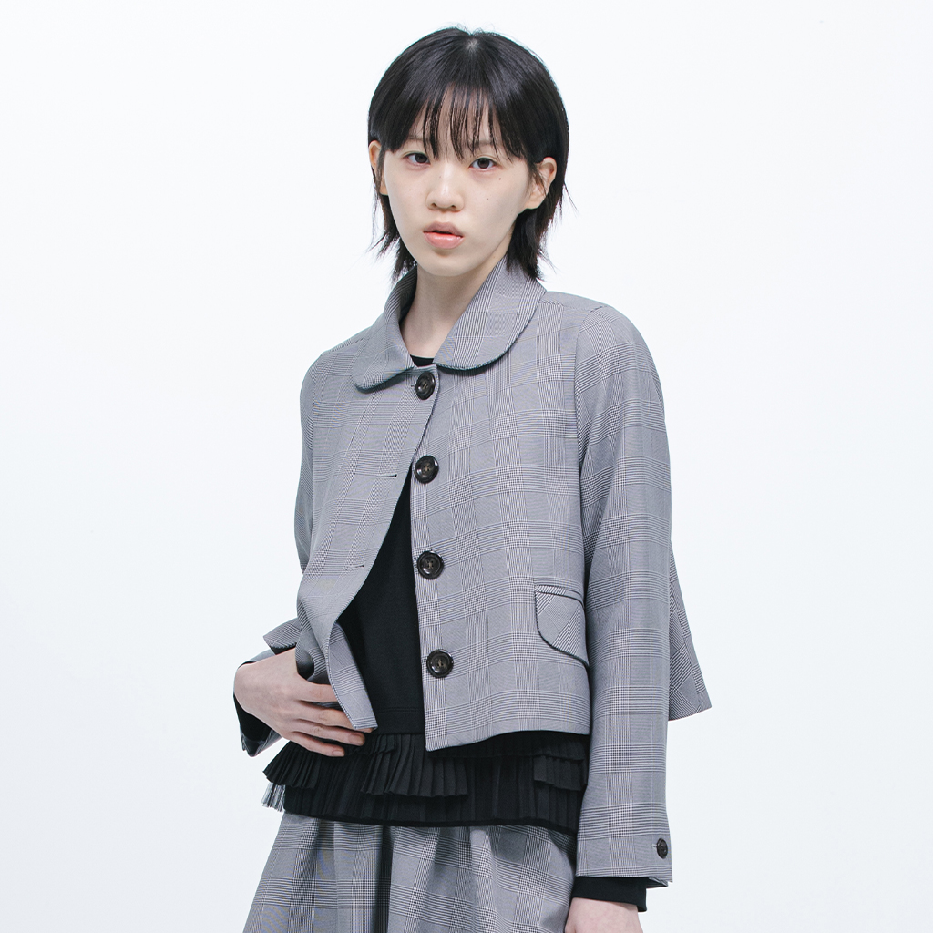 ROUND COLLAR SEMI-CROP JACKET, CHECK - 감도 깊은 취향 셀렉트