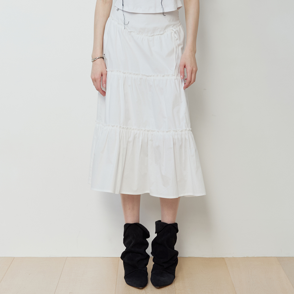 【WOOHWA】MILLI FRILL SHIRRING LONG SK SHIRRING FRILL RIBBON LONG SKIRT WT - 감도 깊은 취향 셀렉트