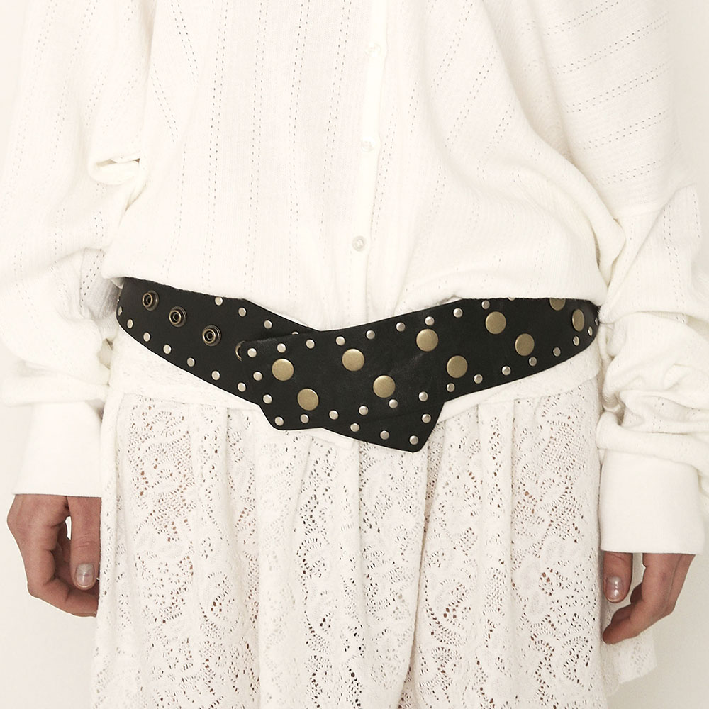 韓国商品/POLYSOOEM MULTI STUDDED BELT Rainbow Holographic Three Row Black Pyramid Stud Rave