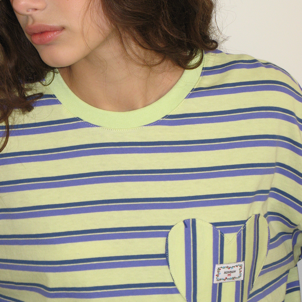 新作【RONRON】MULTI STRIPE HEART POCKET OVERFIT LONG SLEEVE MULTI STRIPE HEART POCKET OVER FIT LONG SLEEVE T SHIRT