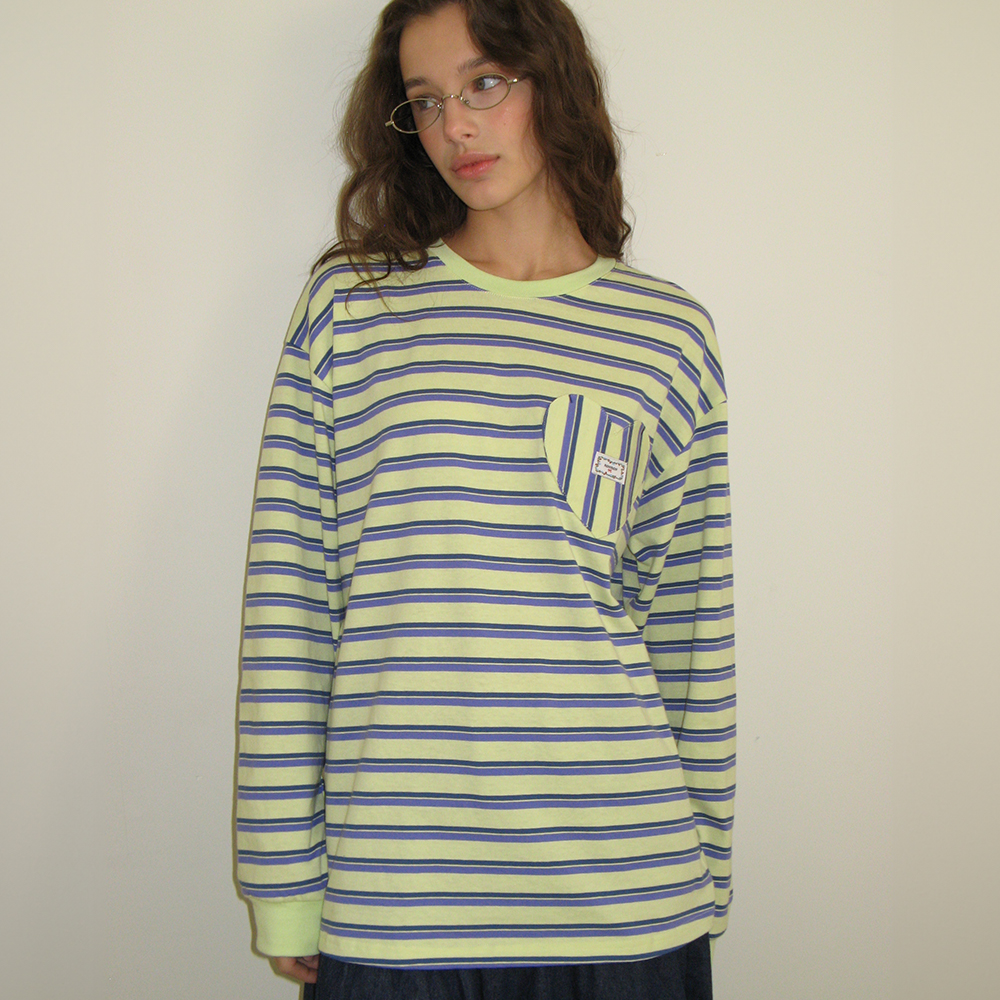 MULTI STRIPE HEART POCKET OVER FIT LONG SLEEVE T SHIRT