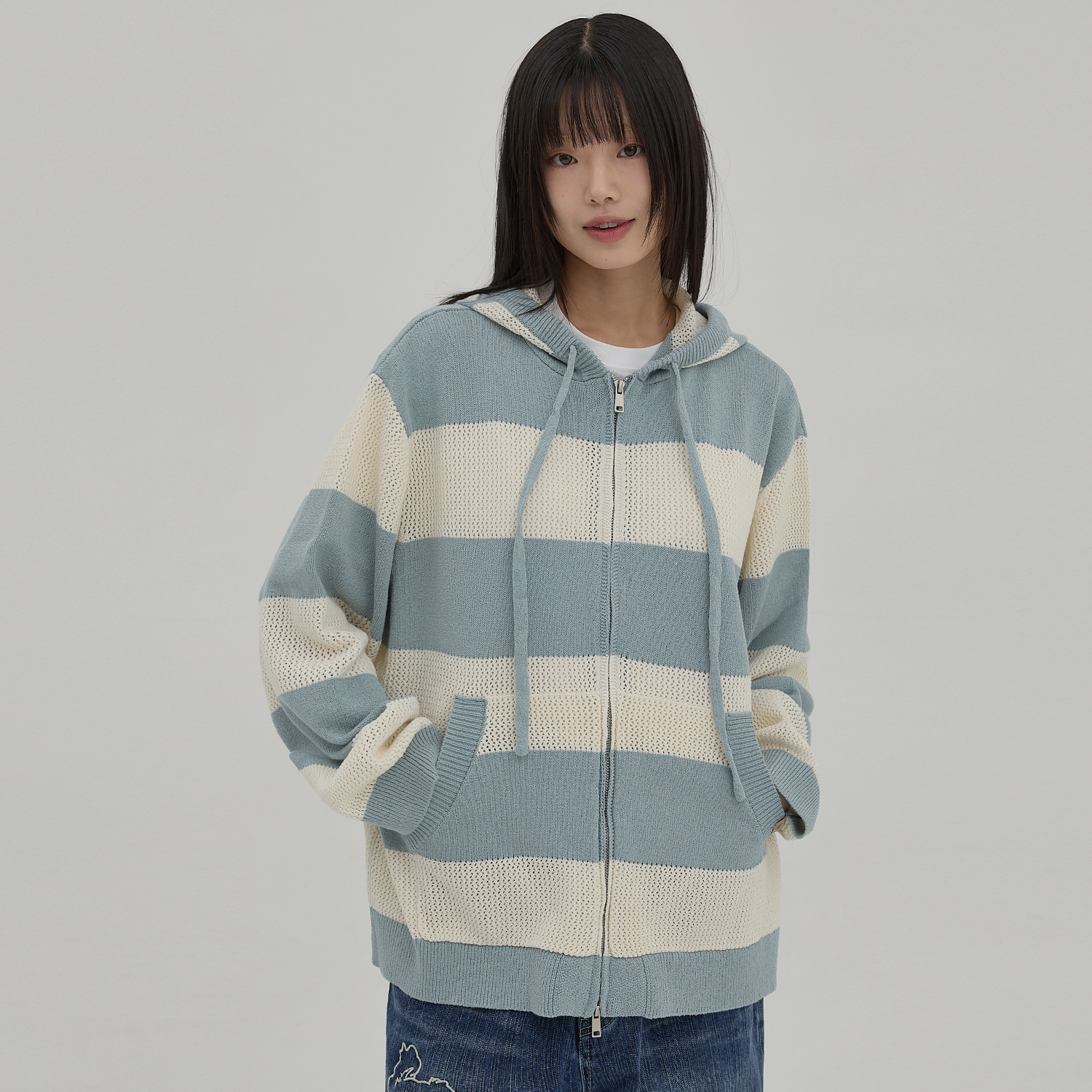 ストライプスカッシュフーディーニットジップアップアイボリー