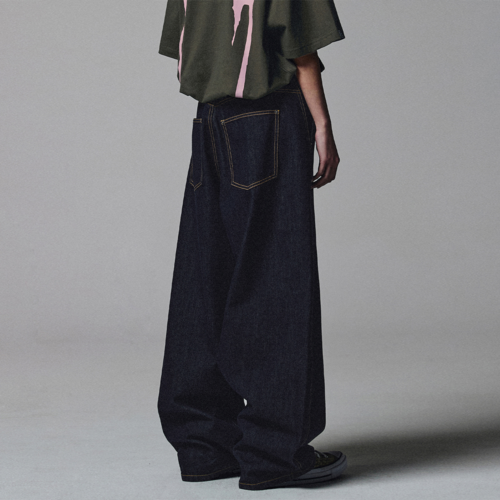여름 원단] Linen Like Curved Semi Wide Denim Pants - Deep