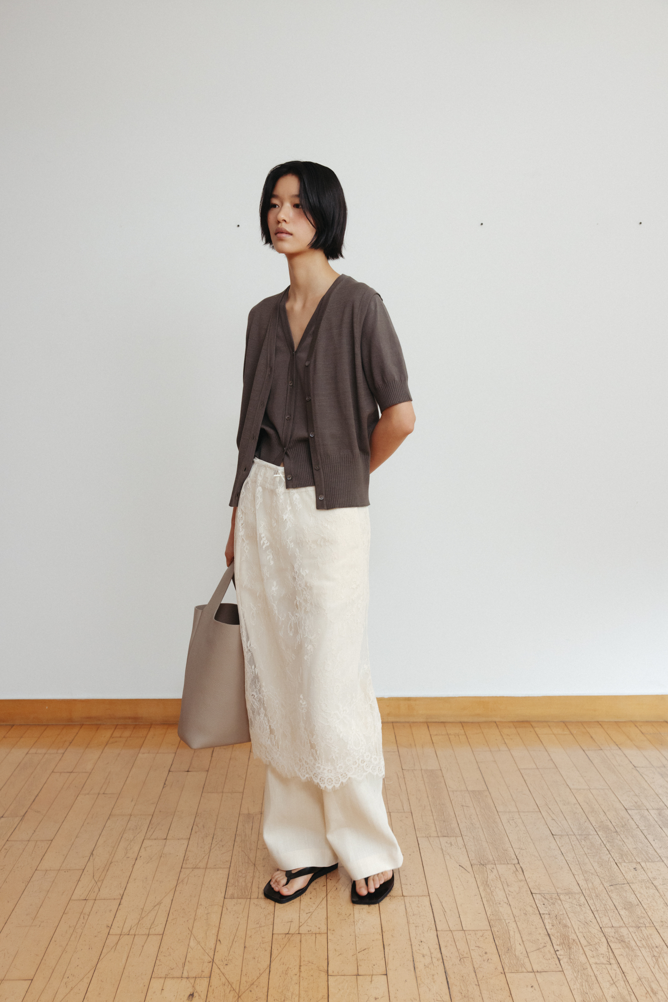 [MONOHA] / ☆ 25SS Mesh lace skirt / ivory White-High-Waist-Sheer-Lace-