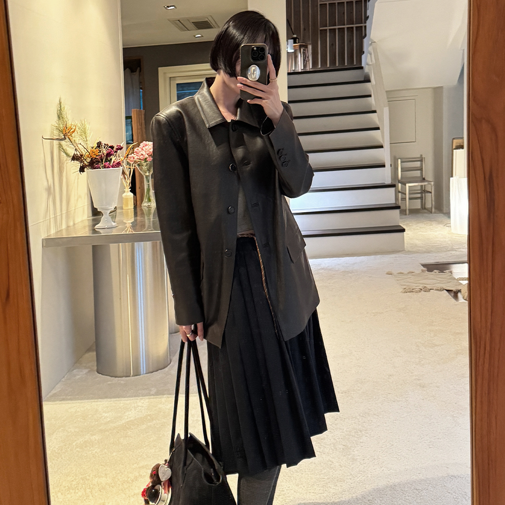 Eumkim Spread Collar Synthetic Leather Jacket