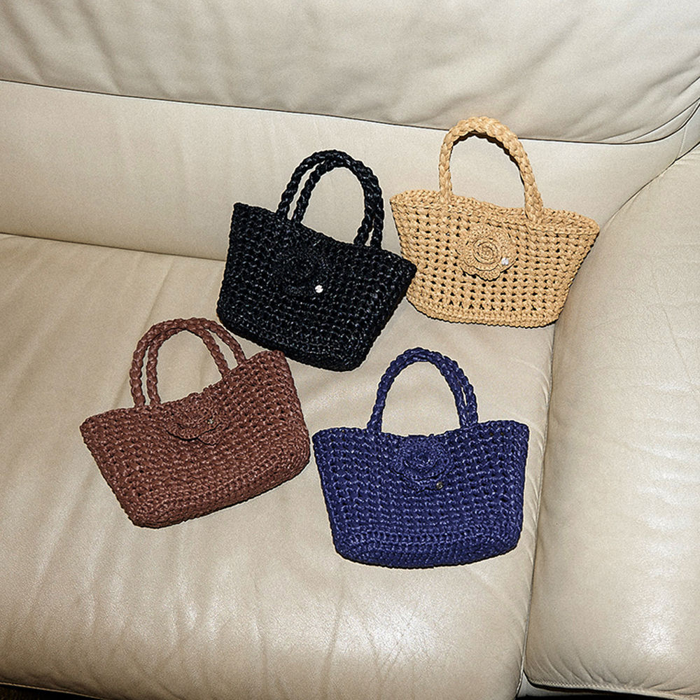 Camellia Handmade Crochet Raffia Mini Tote Bag _ Brown