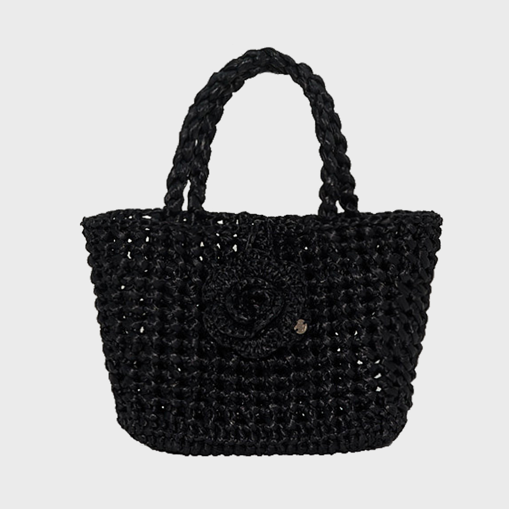 トートバッグ [Slowslowly] Camellia Handmade Crochet Raffia Mini Tote Bag Camellia Handmade Crochet Raffia Mini Tote Bag _ Black