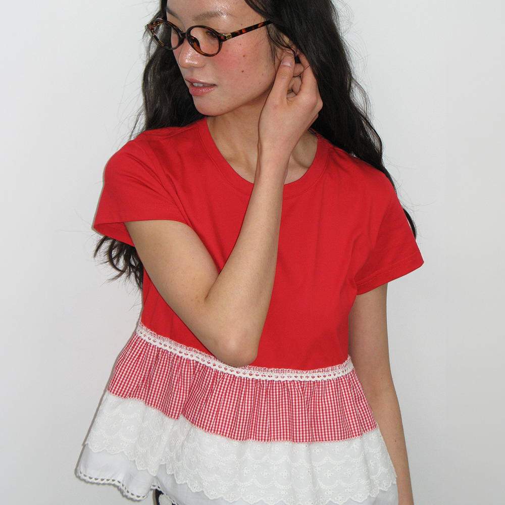 RONRON☆MULTI FRILL TORCHON SHORT SLEEVE T SHIRT MULTI FRILL TORCHON SHORT SLEEVE T SHIRT CHARCOAL - RONRON 론론