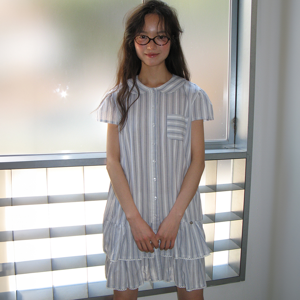 RONRON★韓国★人気★ROUND COLLAR FRILL KANGKANG SHIRT DRESS ROUND COLLAR FRILL KANGKANG SHIRT DRESS PINK STRIPE - RONRON