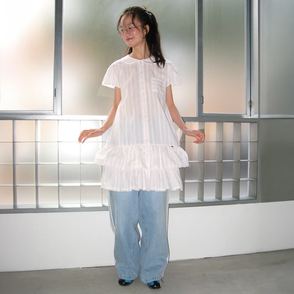 ワンピース ROUND COLLAR FRILL KANGKANG SHIRT DRESS BLUE STRIPE RONRON ROUND COLLAR FRILL KANGKANG SHIRT DRESS BLUE STRIPE