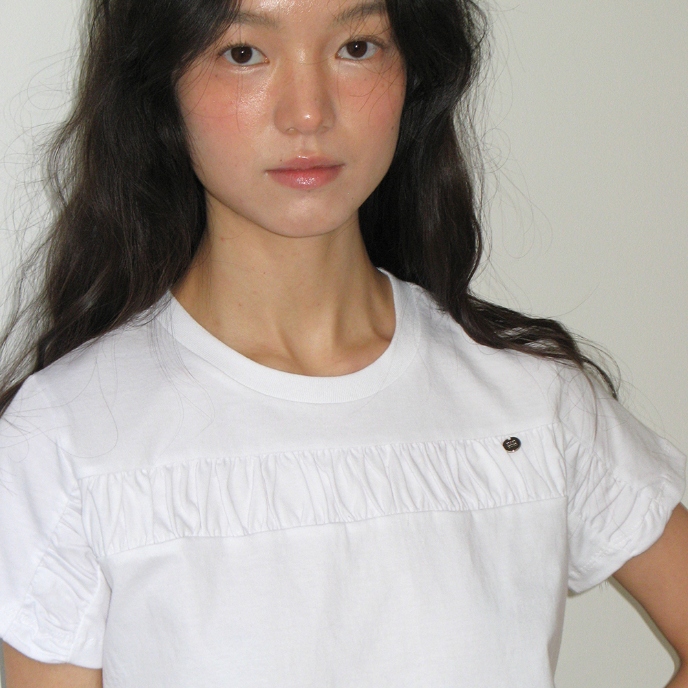 RONRON☆RUFFLE HEART CUT OUT PUFF SLEEVE HALF T SHIRT RUFFLE HEART CUT OUT PUFF SLEEVE HALF T SHIRT WHITE - RONRON