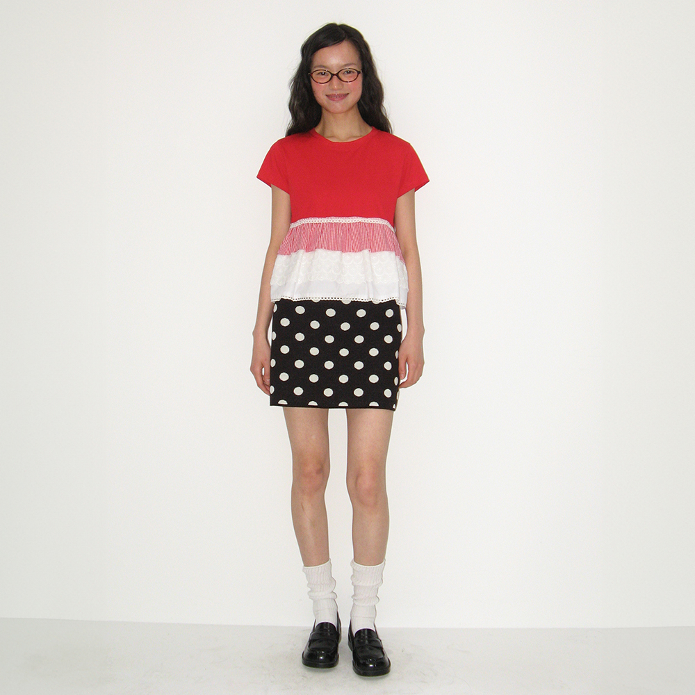DOT PATTERN BANDING KNIT MINI SKIRT BLACK WHITE DOT - 감도