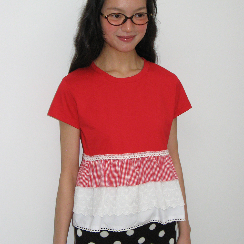 Tシャツ・カットソー RONRON MULTI FRILL TORCHON SHORT SLEEVE T SHIRT 5BNY816 RONRON☆韓国☆人気☆MULTI FRILL TORCHON SHORT SLEEVE T SHIRT
