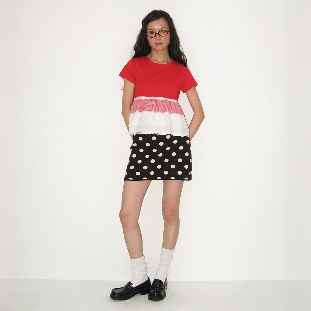 MULTI FRILL TORCHON SHORT SLEEVE T SHIRT RED - 감도 깊은