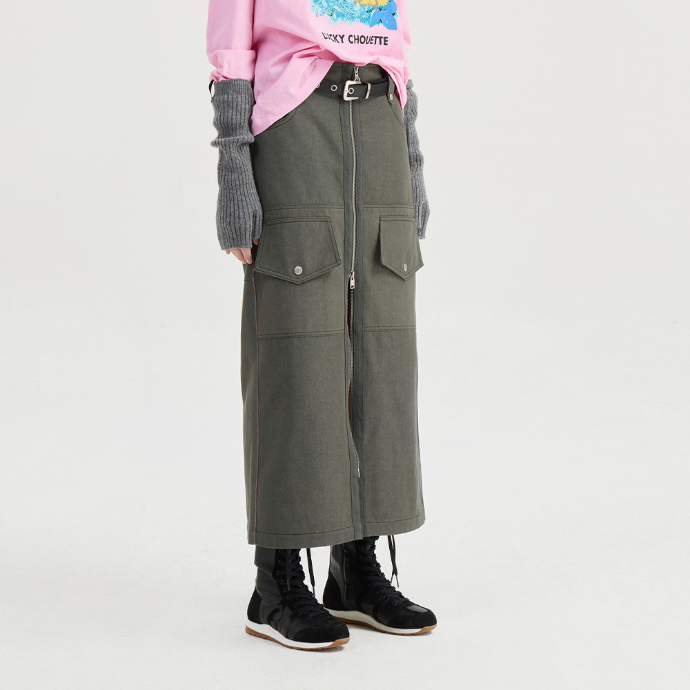 Two-way Zipper H-line Back Banding Long Skirt (khaki)_