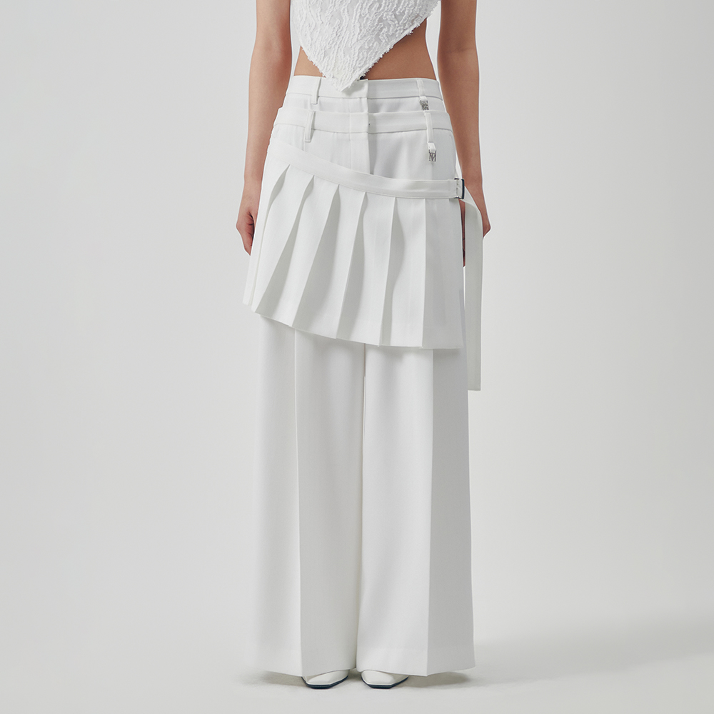 韓国商品/TREMINGBIRD Flowing Pleated Layered Pants Flowing Pleated Layered Pants [ White ] - 감도 깊은 취향