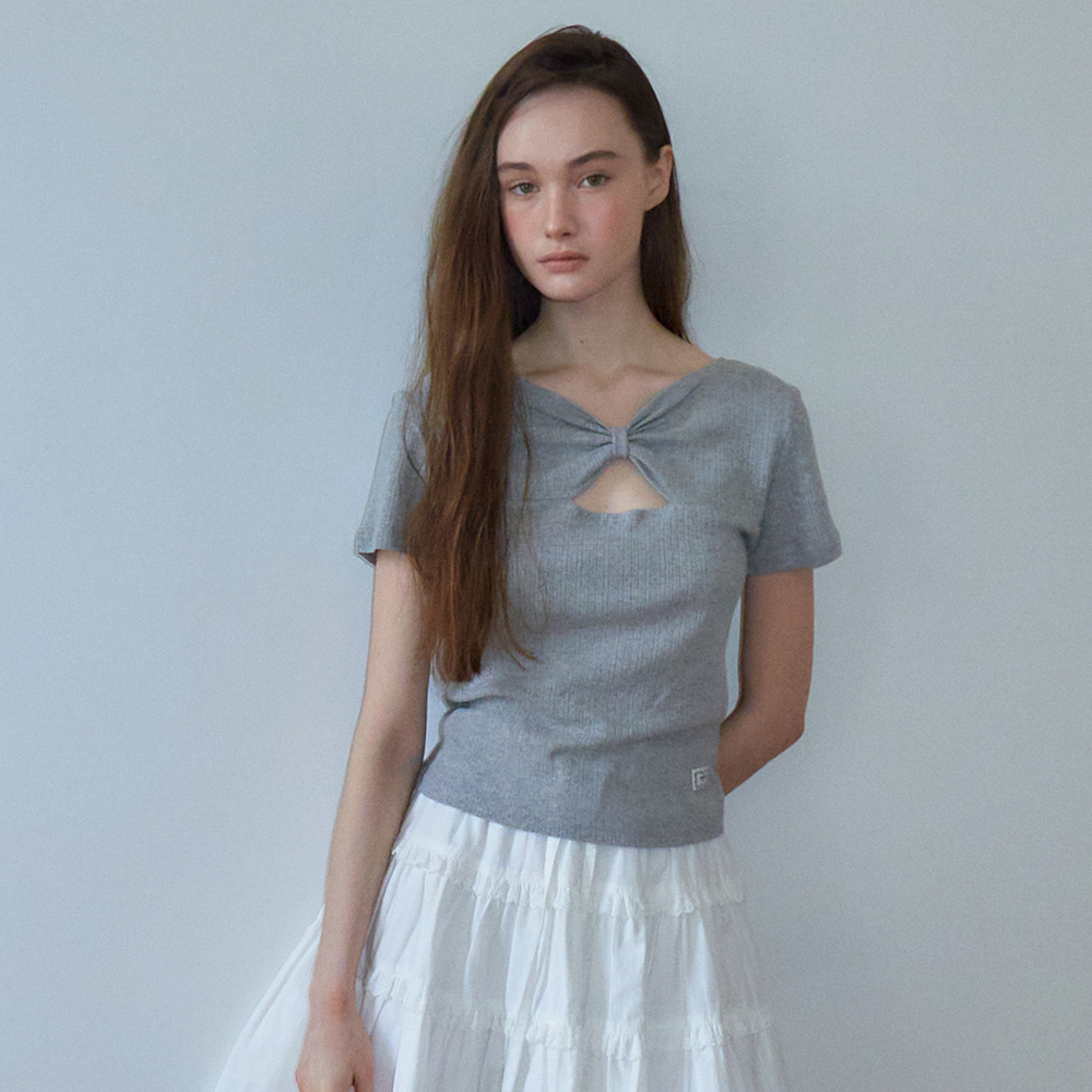 KNOT RIBBON SLIT HALF T SHIRT EYELET GREY - 감도 깊은 취향