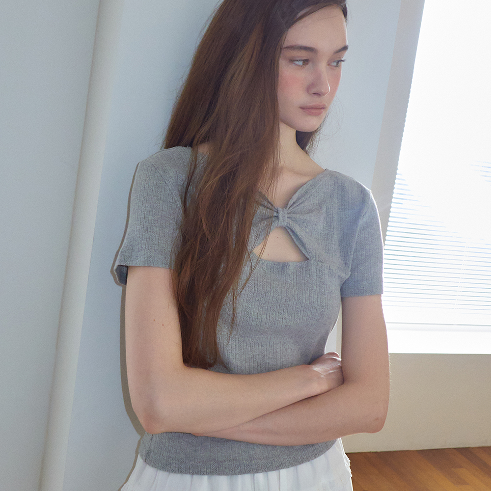 KNOT RIBBON SLIT HALF T SHIRT EYELET GREY - 감도 깊은 취향