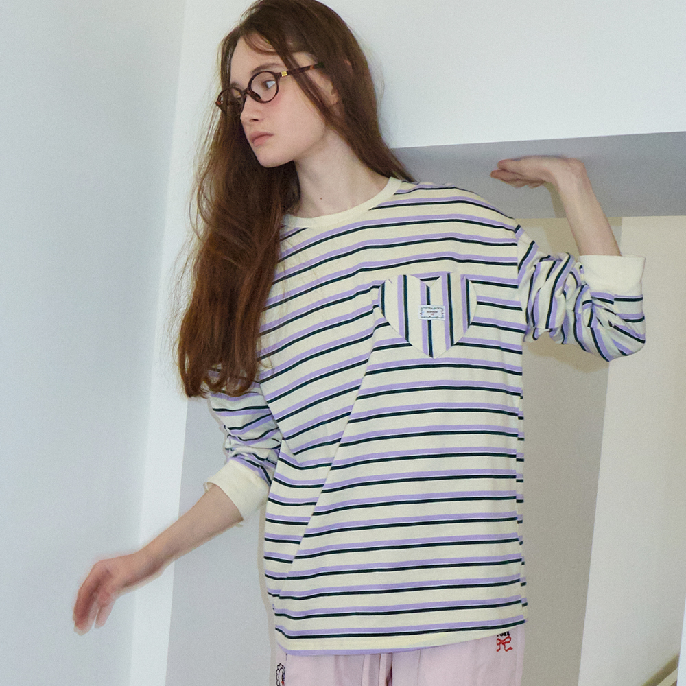 MULTI STRIPE HEART POCKET BASIC FIT T SHIRT BLUE - 감도 깊은