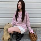 STRIPE LONG SLEEVE POLO TEE_PINK