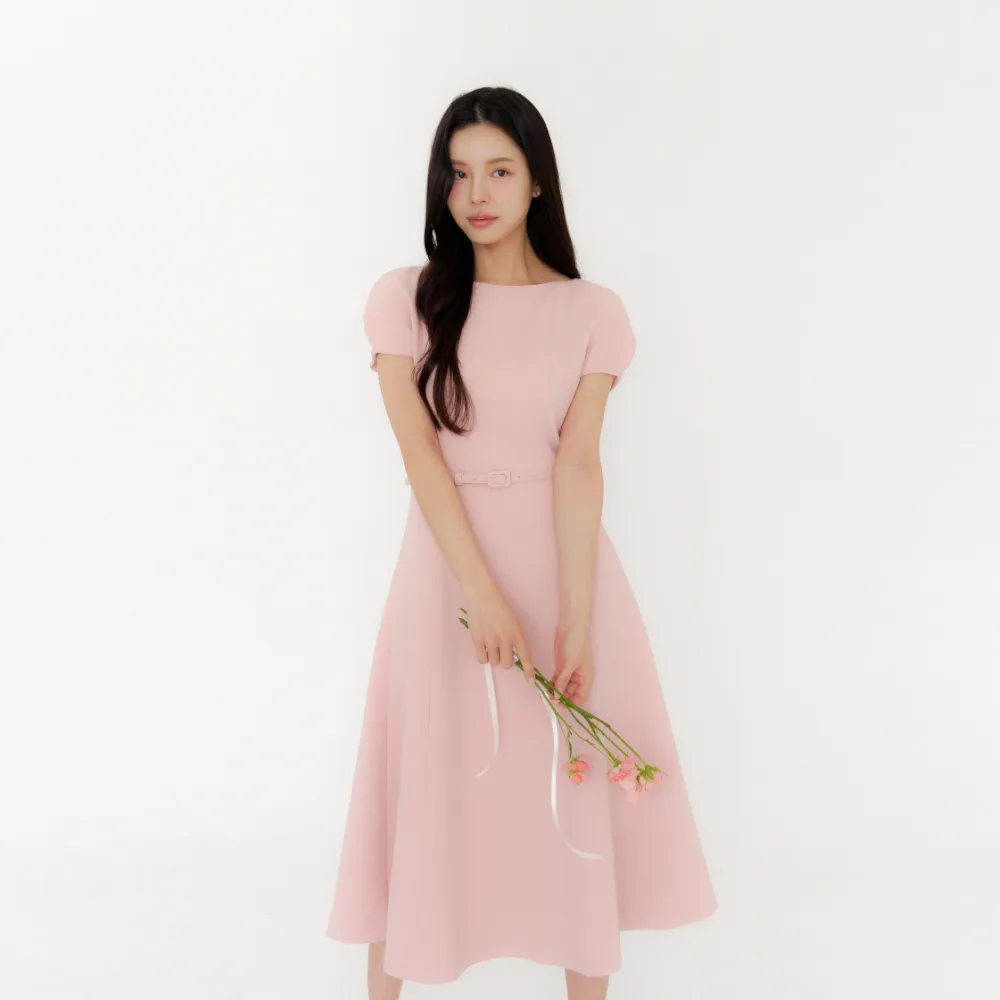 Cap-sleeve Flare Dress/ Pink