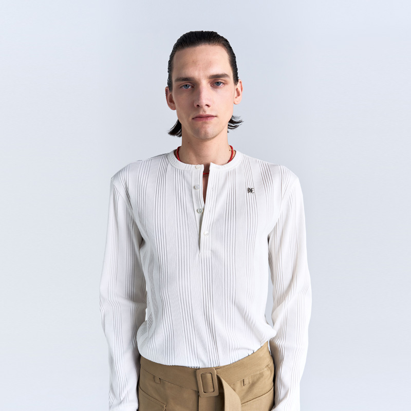 COTTON RIBBED LONG SLEEVES HENLEY NECK - WHITE - 감도 깊은