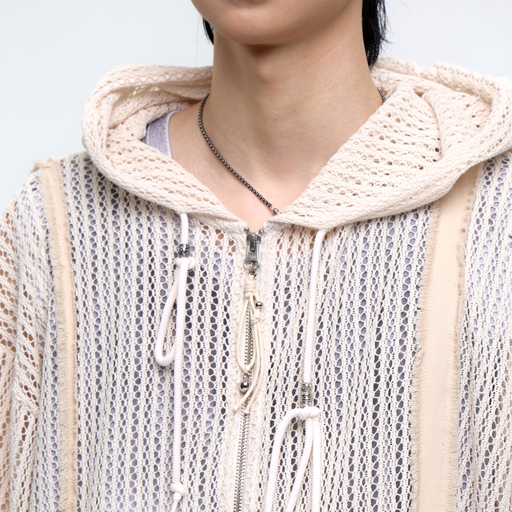 DENIM PATCHED KNIT HOOD ZIP UP - IVORY - 감도 깊은 취향