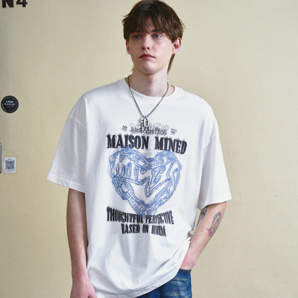 シャツ DOODLE HEART HALF T WHITE DOODLE HEART HALF T WHITE GREYISH BLUE - 감도 깊은 취향