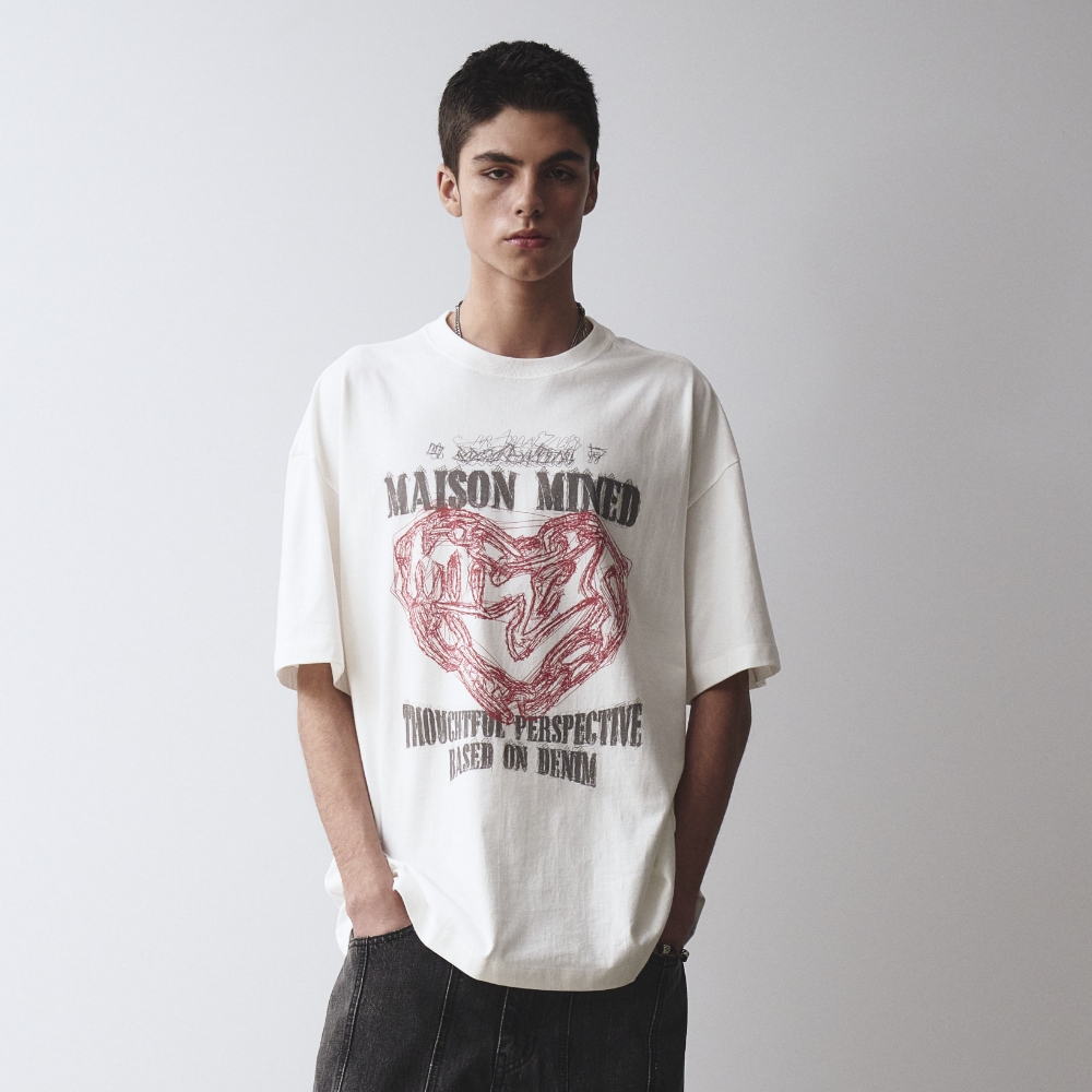 シャツ DOODLE HEART RINGER HALF T WHITE 메종미네드 ~30% - DOODLE HEART RINGER HALF T WHITE