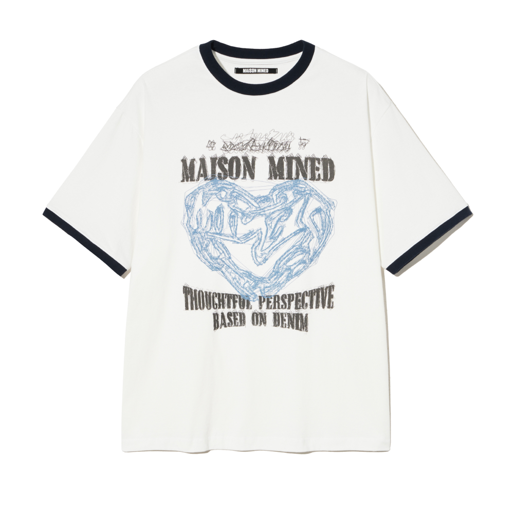 シャツ DOODLE HEART RINGER HALF T WHITE 메종미네드 ~30% - DOODLE HEART RINGER HALF T WHITE