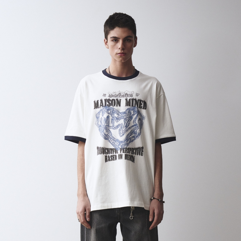 【MAISON MINED】24FW★ DOODLE HEART RINGER HALF T DOODLE HEART RINGER HALF T WHITE RED - 감도 깊은 취향 셀렉트