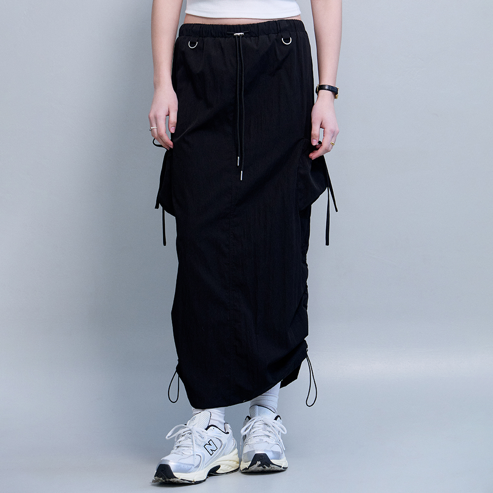 ★2025SS新作★BINARY01★Hyoko Nylon Long Skirt Long zipped nylon skirt with print • Black