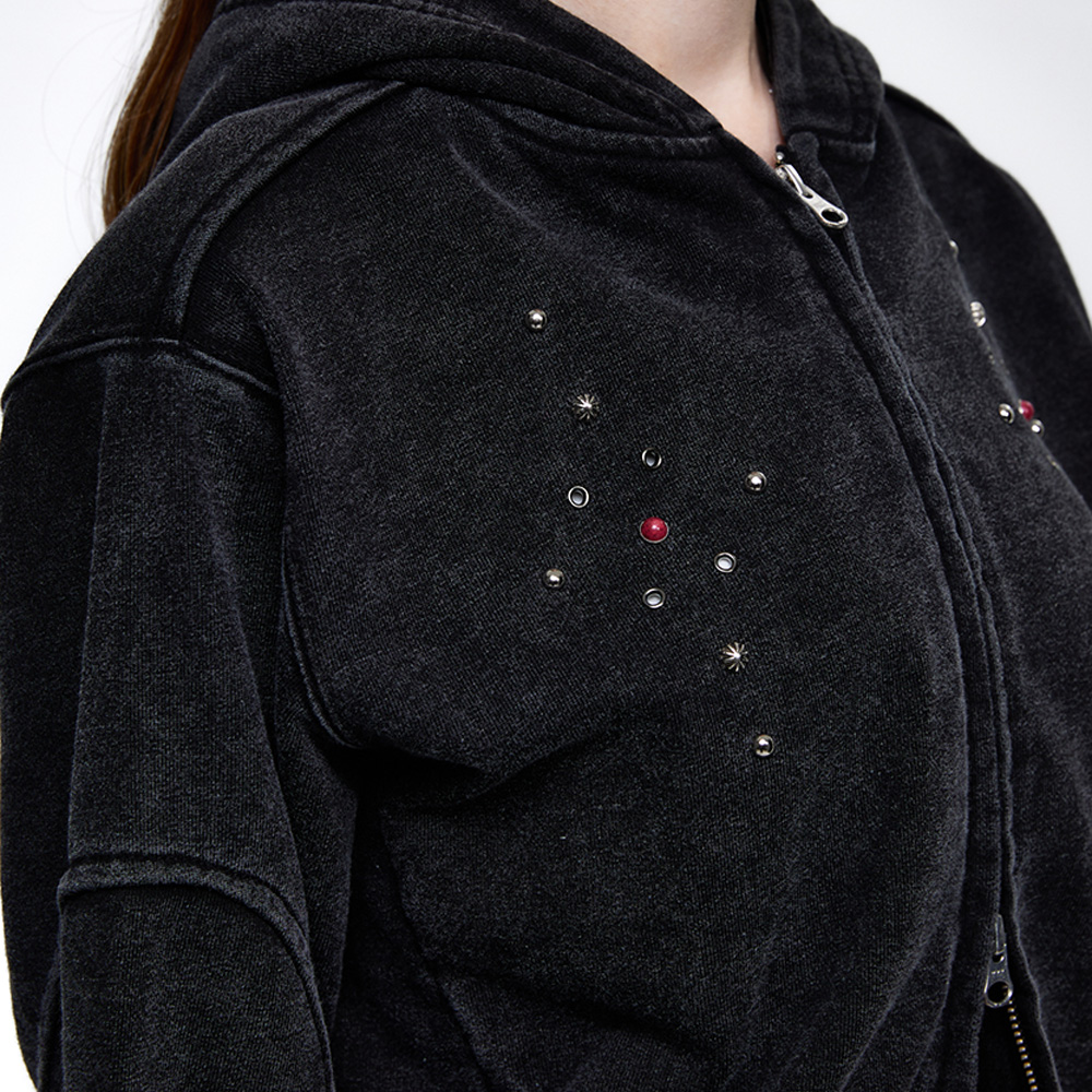 ★韓国人気★ESSU★RIVET CROP HOOD ZIP UP RIVET WASHING CROP HOOD ZIPUP - BLACK - 감도 깊은 취향