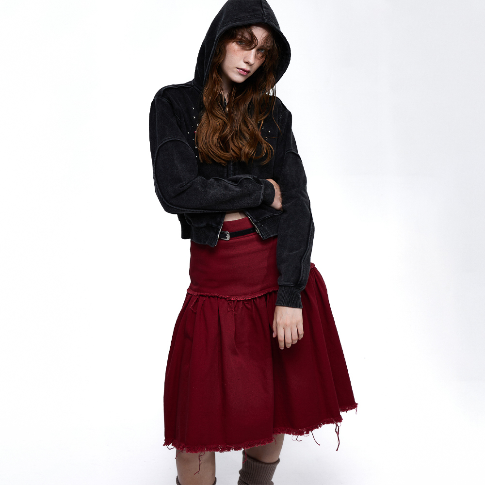 ★韓国人気★ESSU★RIVET CROP HOOD ZIP UP RIVET WASHING CROP HOOD ZIPUP - BLACK - 감도 깊은 취향