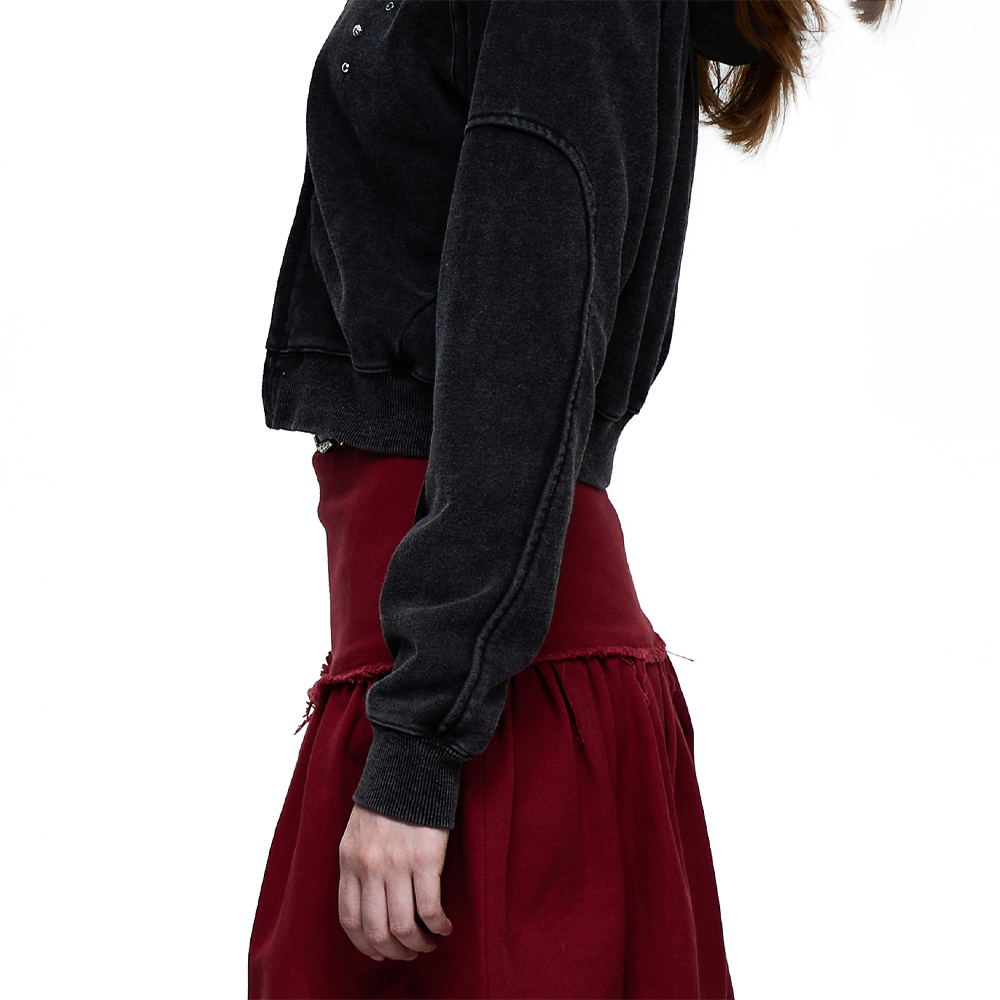 ★韓国人気★ESSU★RIVET CROP HOOD ZIP UP RIVET WASHING CROP HOOD ZIPUP - BLACK - 감도 깊은 취향