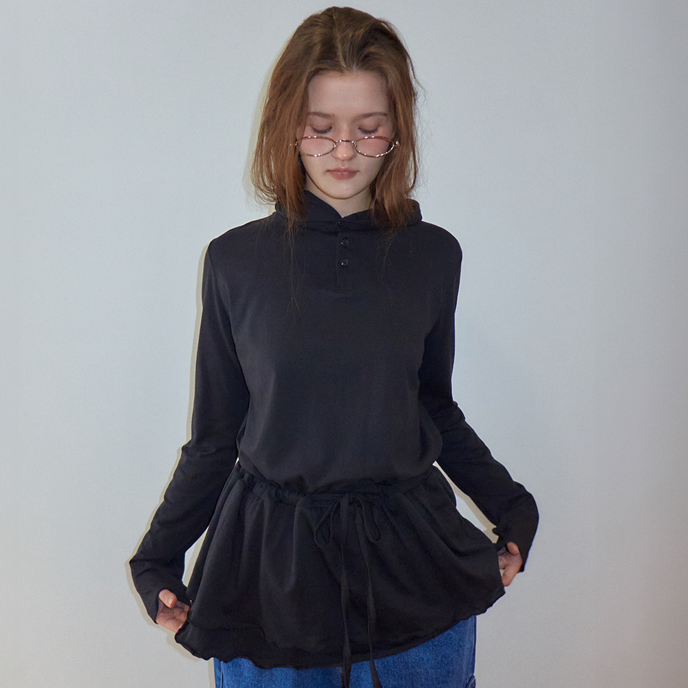 ワンピース RONRON DRAWSTRING RUFFLE LAYERED LONG SLEEVE HOODIE DRESS GR DRAWSTRING RUFFLE LAYERED LONG SLEEVE HOODIE DRESS BLACK