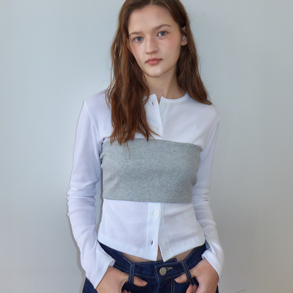 KNOT BUSTIER 2 WAY SHORT SLEEVE T SHIRT BLUE GREY DOT - 감도