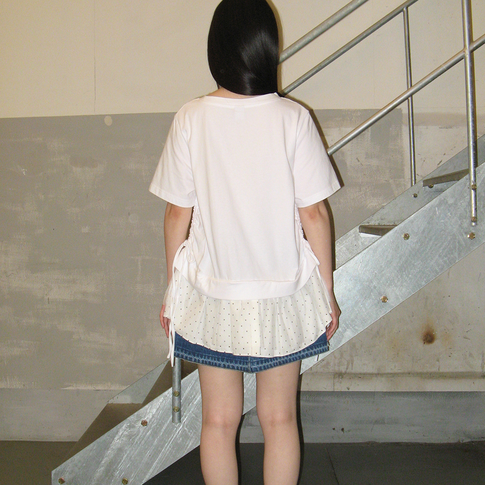 ★RONRON★ DOT MESH SHIRRING LAYERED LONG T SHIRT DOT MESH SHIRRING LAYERED LONG T SHIRT BLACK - RONRON 론론